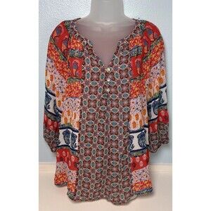 Anthropologie XL Olive Hill Tunic Top Womens Floral‎ Blouse Patchwork Boho Sheer